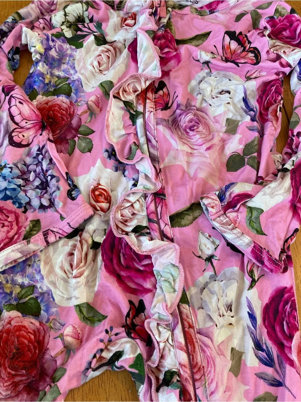 Bums and Roses Bamboo Floral Sleeper with Ruffle Detail - 12-18mos